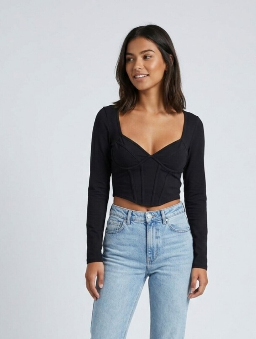 Forever 21 Black Corset Bustier Style Long Sleeve Crop Top Size M